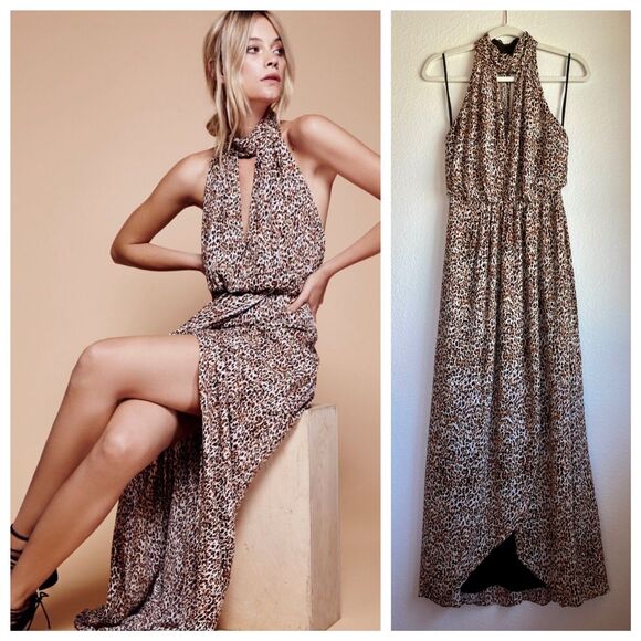 Free People Animal Instincts Maxi Halter Open Back Dress in Cheetah Combo Size 0 - Picture 1 of 12